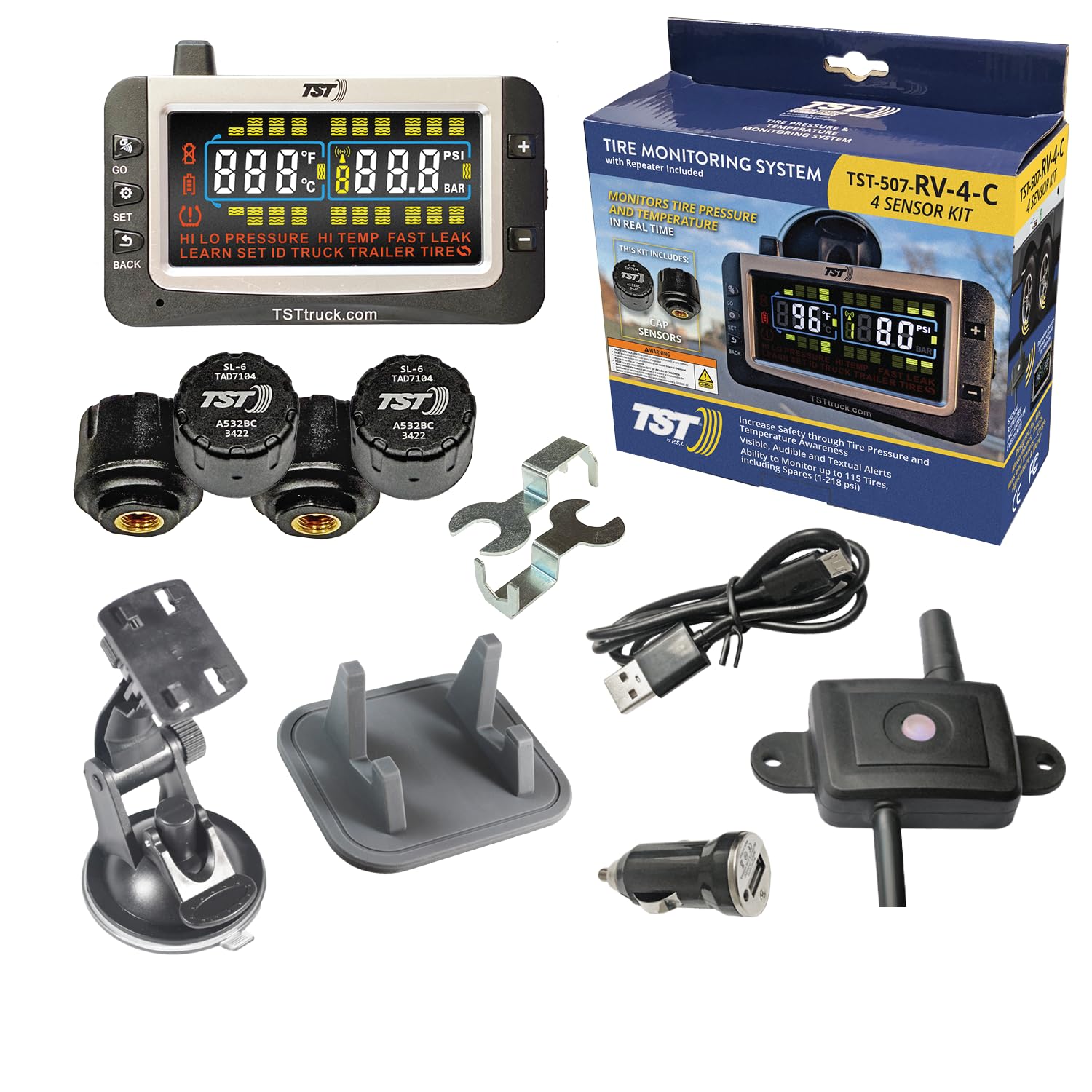 TST 507 Series TPMS - RV Tire Pressure Monitoring System with 4 Cap Sensors & Color Display Monitor for Travel Trailers, Campers and Motorhomes