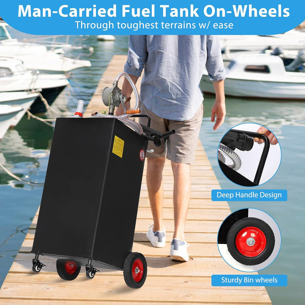 30 Gallon Fuel Caddy w/Manual Pump 4-Wheel Portable Gas & Diesel Storage Tank Heavy-Duty Steel with Hose for Lawn Mower, ATV, Boat, Farm