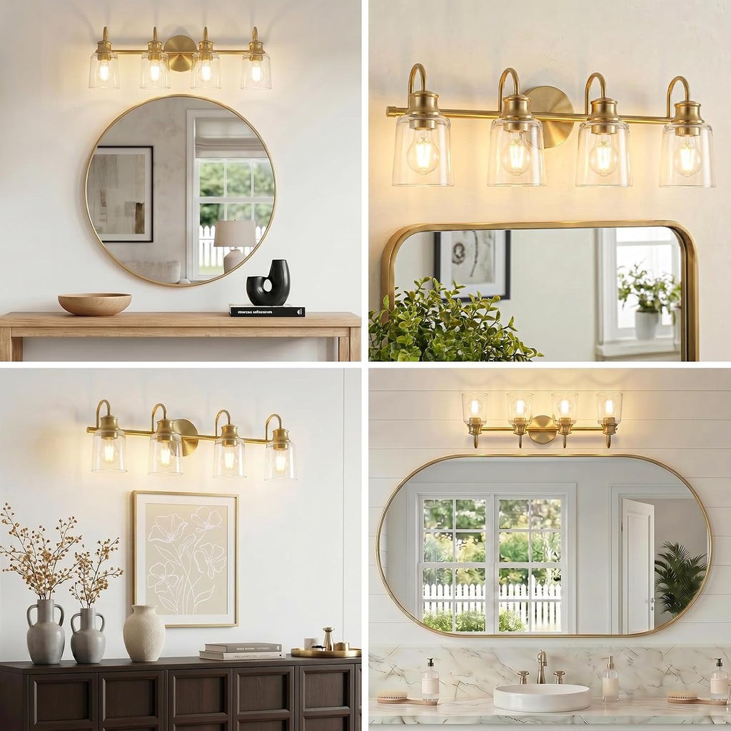 4 Lights Bathroom Light Fixtures Modern Gold Vanity Lights for Bathroom Lighting Fixtures Over Mirror with Clear Glass Shade for Cabinet Mirror Bedroom Hallway