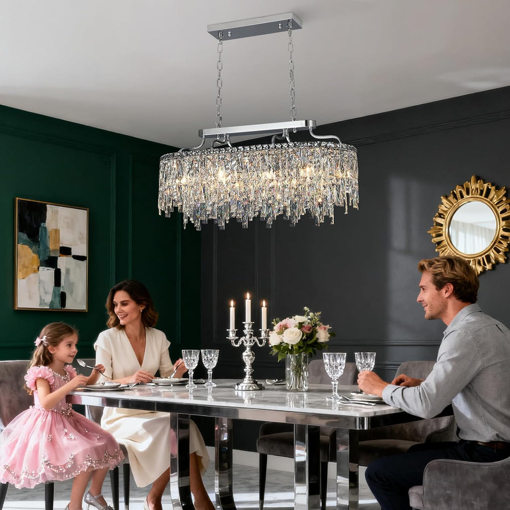 10 Light Crystal Chandelier | Chrome Oval-Shaped Crystal Chandeliers for Dining Room Light Fixture, 32' Modern Ceiling Lighting Fixture for Dining Room Kitchen Island Bar