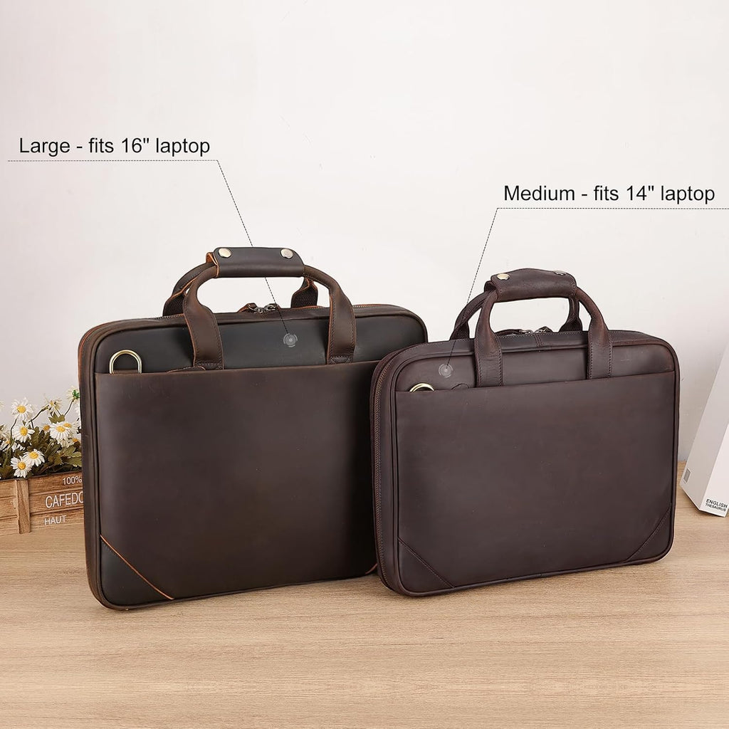 Leather Slim Briefcase for Men 14' - 16' Laptop Crossbody Messenger Bag Business Work Lawyer Attache Case