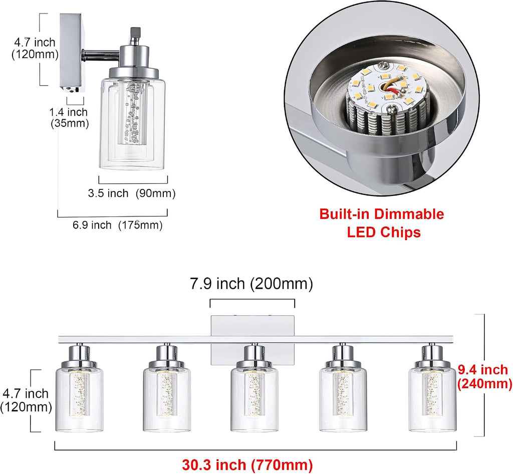 MELUCEE 5 Color Dimmable Bathroom Vanity Light Fixtures 5-Light Bath Wall Lights Modern LED Vanity Lights for Bathroom Chrome with Crystal Bubble Clear Glass Shade, Built-in LED Chips