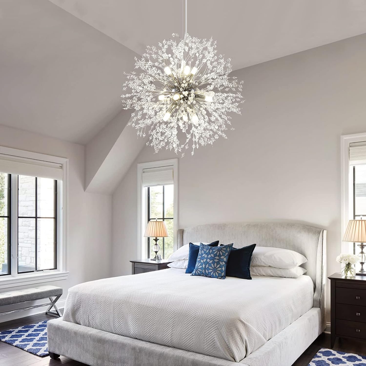 Lingkai 19.9' Chrome Modern Crystal Chandeliers Firework, Bubble Chandelier Lighting for Bathroom Dining Room Bedroom Kitchen Island Living Room Light Fixture, 9-Light Chrome Hanging Round Chandalier