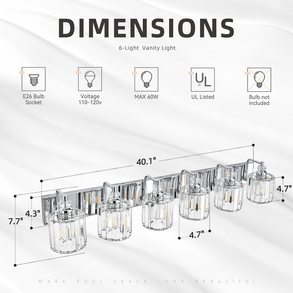 6-Light Modern Bathroom Light Fixture Chrome Bathroom Vanity Lights Over Mirror Wall Sconce Lighting with K9 Crystal Shades E26 Base for Bedroom, Living Room, Hallway Wall Lamp