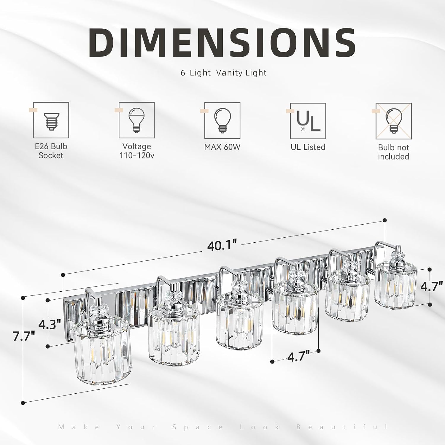 6-Light Modern Bathroom Light Fixture Chrome Bathroom Vanity Lights Over Mirror Wall Sconce Lighting with K9 Crystal Shades E26 Base for Bedroom, Living Room, Hallway Wall Lamp