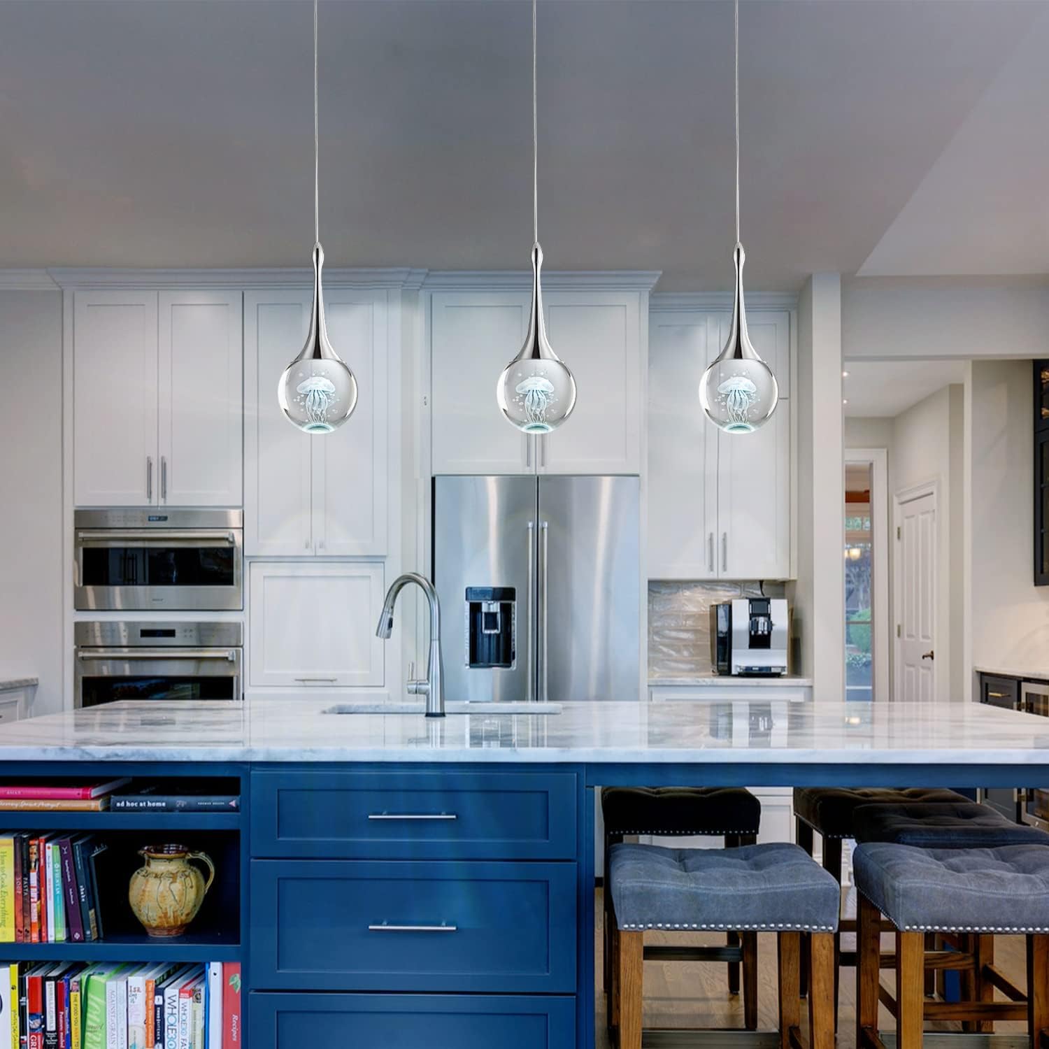 CHYING 3 Pack Mini Modern LED Pendant Lights Kitchen Island, Chrome 5W Crystal Globe Jellyfish Pendant Lighting for Dining Room Bathroom Bedroom Entry Foyer Bar, 6000K Cool White