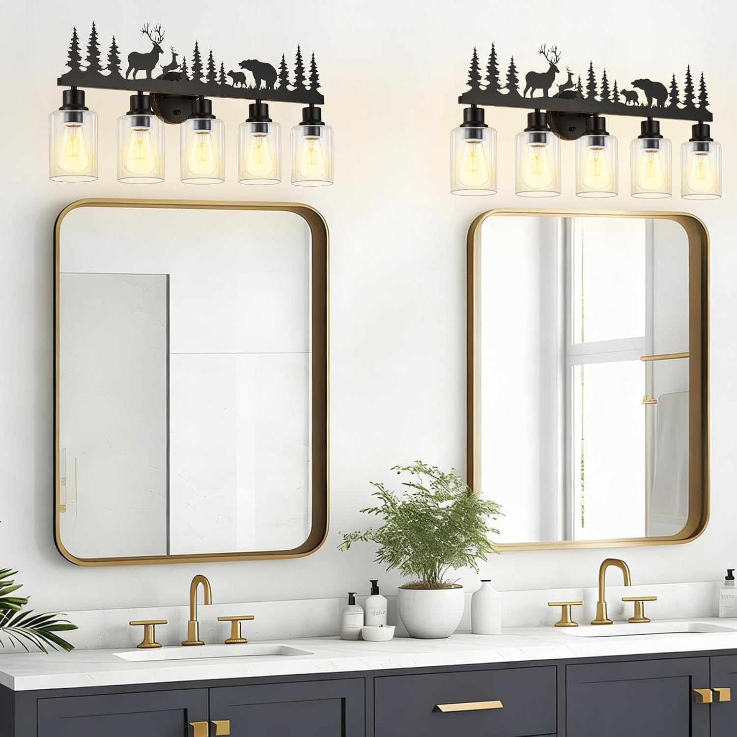 Rustic Bathroom Light Fixtures, 5-Light Farmhouse Vanity Lamp with Deer and Bear Design, Black Wall Lighting with Clear Glass Shade for Bathroom, Hallway, Kitchen, Porch