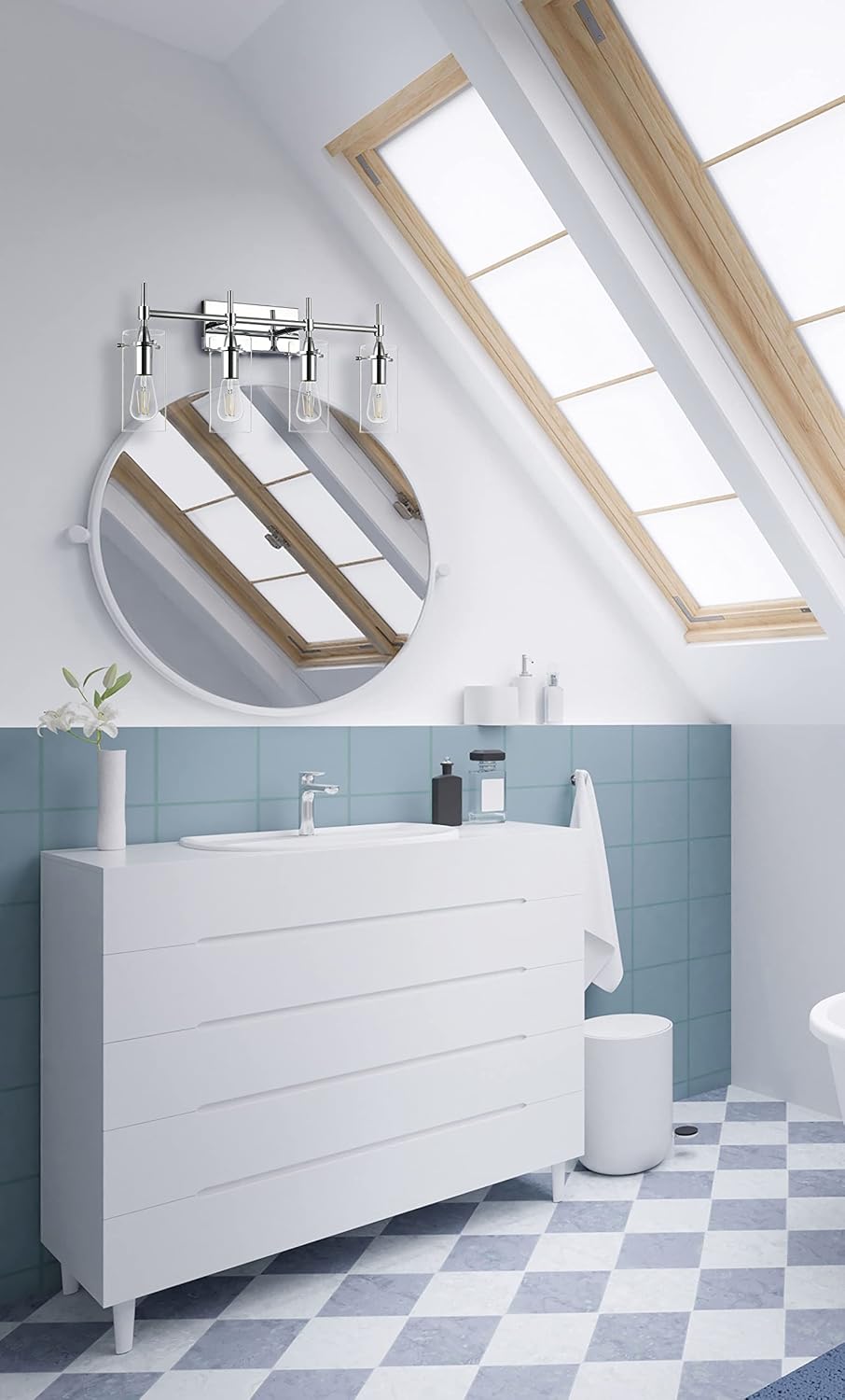 Linea di Liara Effimero Modern Farmhouse Bathroom Vanity Lights Fixtures 4 Lights Over Mirror Chrome Vanity Lights for Bathroom Light Fixtures Industrial Lighting Clear Glass Covers, UL Listed