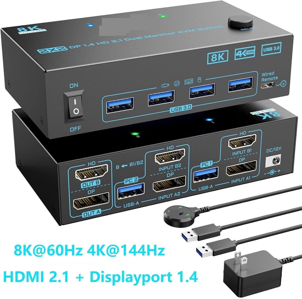 4K@144Hz KVM Switch 2 Monitors 2 Computers 8K@60Hz,HDMI +Displayport Dual Monitor with 4 USB 3.0 Port for Keyboard Mouse Printer(AU Power Adapter)
