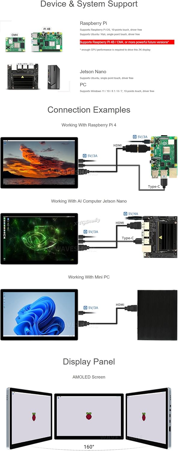 10.5inch HDMI Capacitive Touch AMOLED 2560×1600 2K Resolution with Fully Laminated Toughened Glass Panel for Raspberry Pi Jetson Nano PC Windows 11/10 / 8.1/8 / 7 CM4
