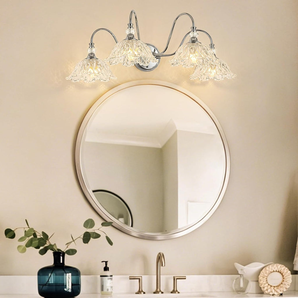 Brushed Chrome 4-Light Bathroom Vanity Light with Floral Clear Glass Shades, Modern Wall Mount Lighting for Bathroom, Dressing Table