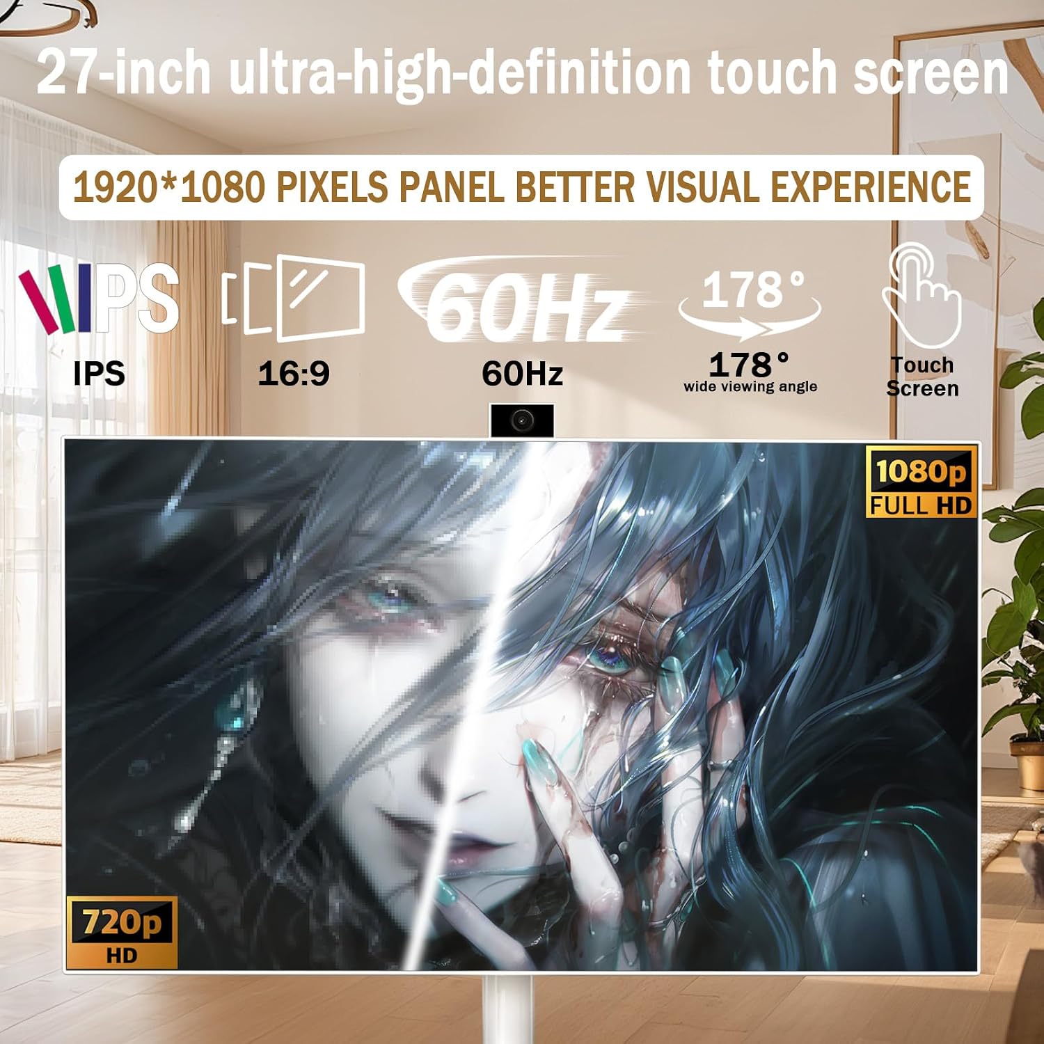 27' FHD Smart Portable TV, Rolling TV on Wheels, Android 15 OS, 6G +128GB Storage, Portable Touch Screen Monitor, 13MP Camera, Built-in Battery, 60Hz Refresh Rate, Full Swivel Rotation, Voice Remote