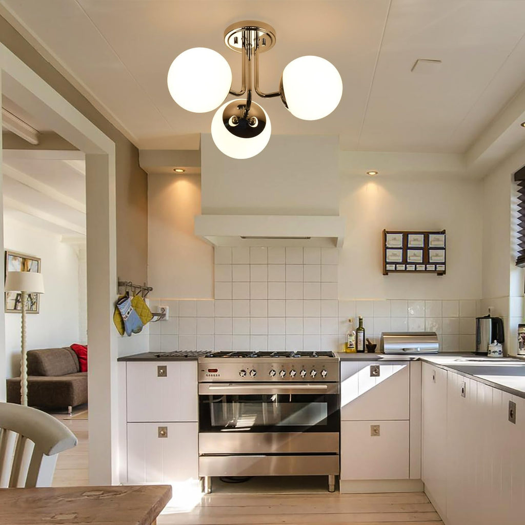 3 Light Semi Flush Mount Chrome Ceiling Light Fixture, Modern Globe Chandelier, Sputnik Farmhouse Lighting for Kitchen Bedroom Bathroom Living Room Corridor Laundry Room Bar