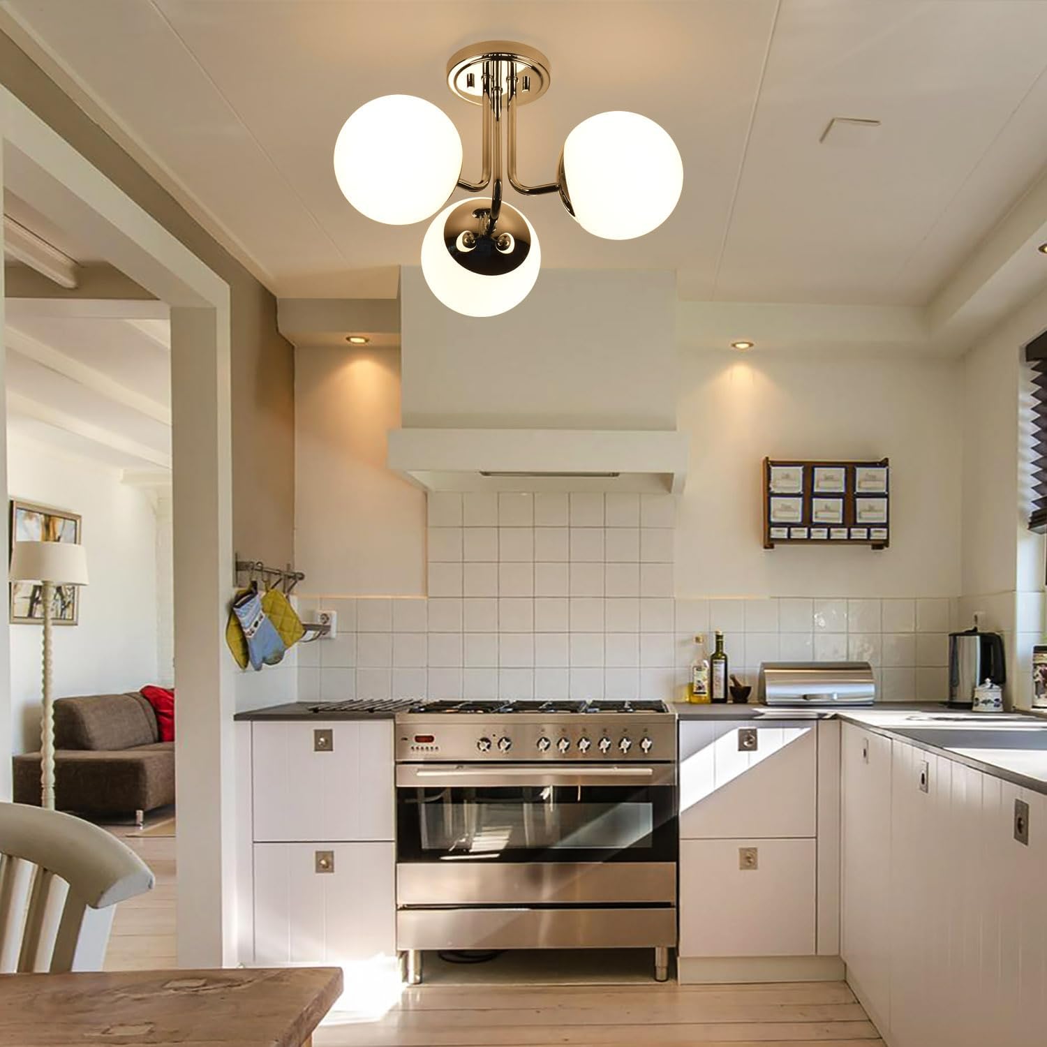 3 Light Semi Flush Mount Chrome Ceiling Light Fixture, Modern Globe Chandelier, Sputnik Farmhouse Lighting for Kitchen Bedroom Bathroom Living Room Corridor Laundry Room Bar