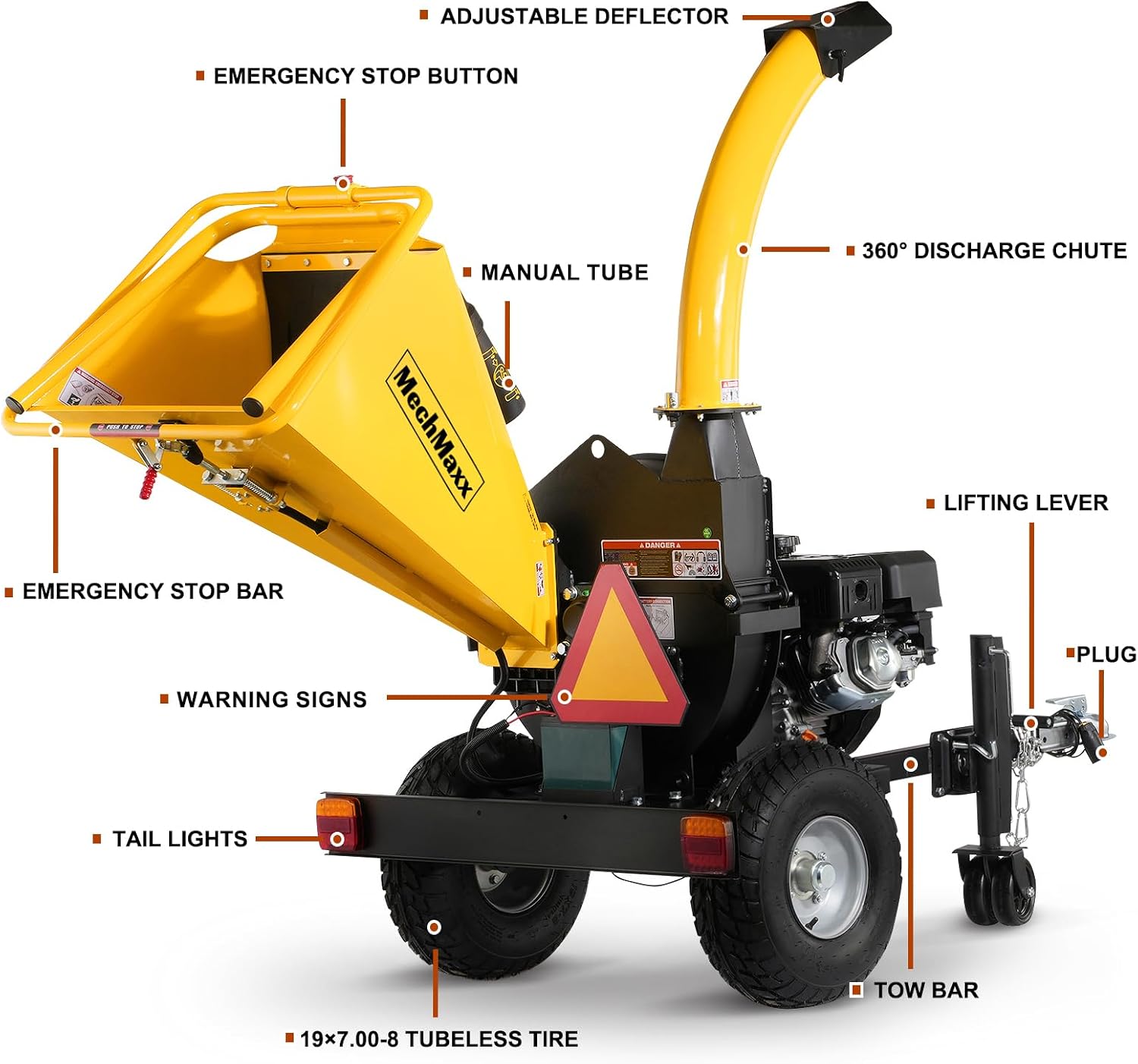 MechMaxx 5'' Inch E-Start 420cc 15hp Gas Powered Wood Chipper Shredder Mulcher with Tail Light, Towbar, Emergency Stop Button, Stop Bar, Model P4205 (Yellow)