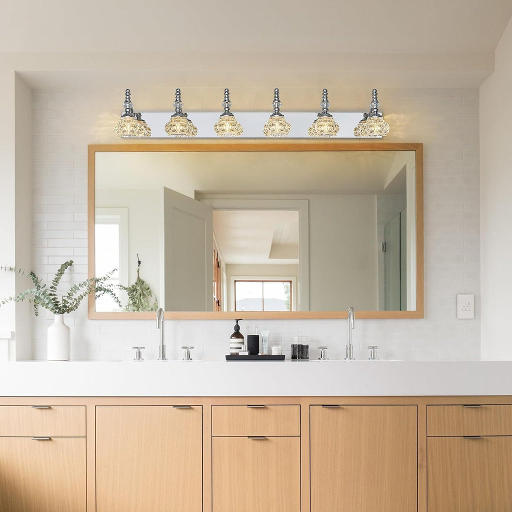Modern Glass Crystal Vanity Light - Vintage Bathroom Lighting Fixtures Over Mirror, 6 Light Vanity Lights G9 Bulb (43.3 Inch, Chrome)