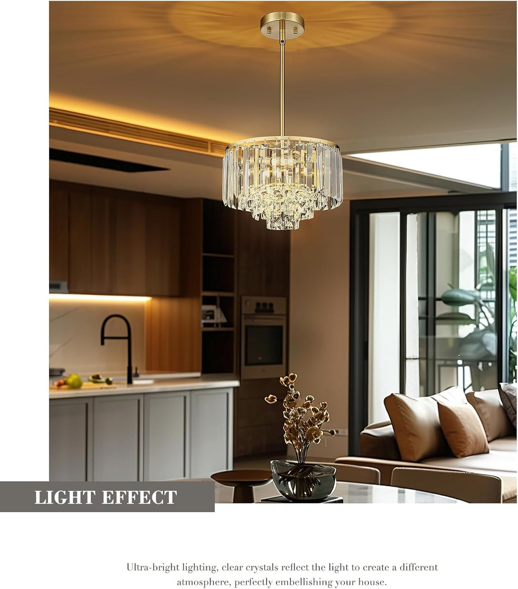Polished Gold Chandelier, 4-Tier Crystal Pendant Light fixtures, Vintage Hanging Light, Chandeliers for Dining Room Kitchen Island Bedroom Entryway, CC4215-3W-PG