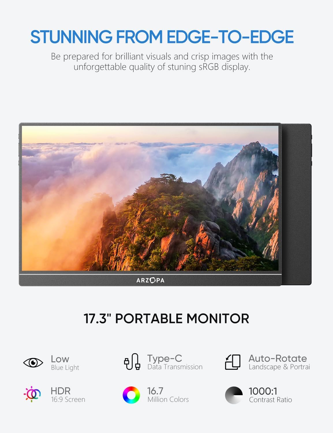 ARZOPA Portable Monitor & Sleeve, 17.3'' 1080P FHD Laptop Monitor &PU Sleeve Bag Combination