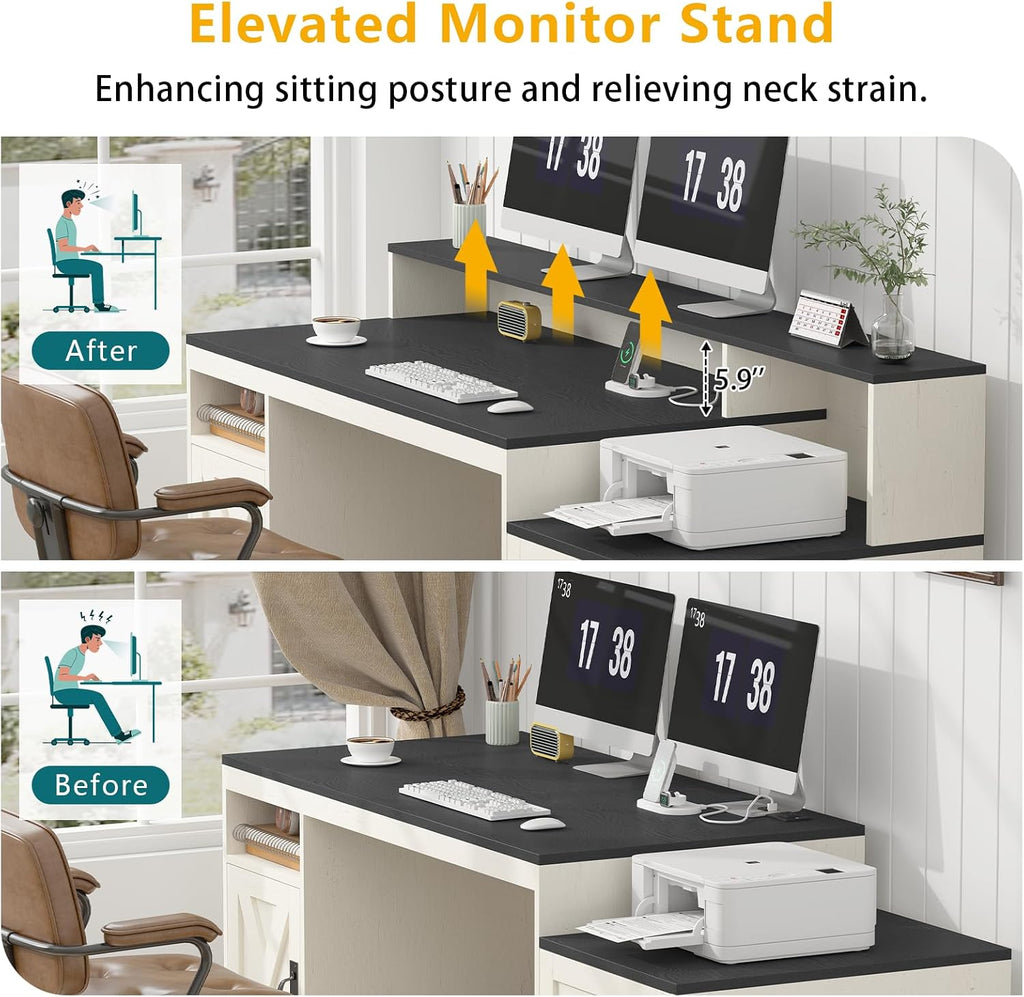 TVU Farmhouse Computer Desk with Drawers, 65'' Home Office Desk with Power Outlets, Storage Cabinet and Printer Stand, Study Writing Desks with Long Monitor Stand, Black and White