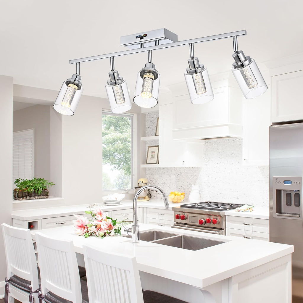 MELUCEE 5-Color Dimmbale Rotatable Spotlight Ceiling Light Fitxures 5-Light LED Track Lighting Kit Chrome Bathroom Vanity Light Wall Mount Ceiling Mount Kitchen Tracking Lights, Clear Glass Shade