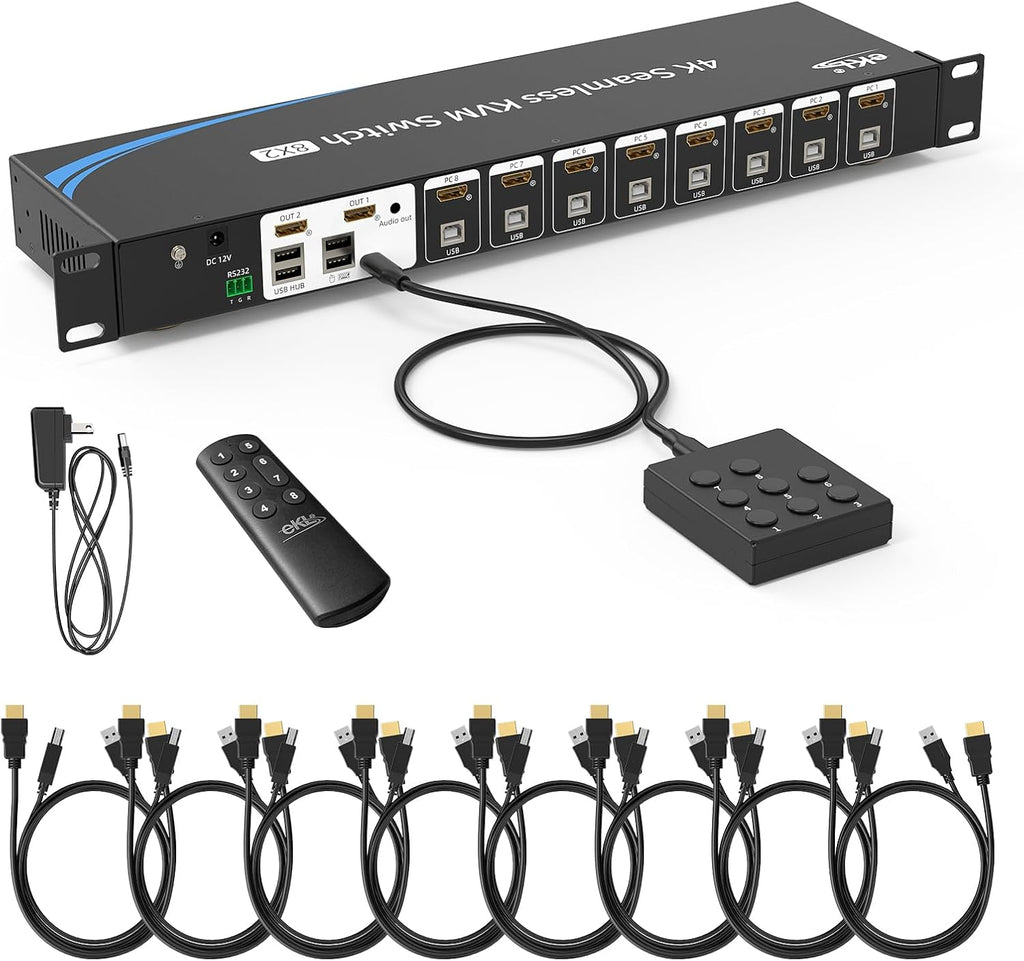 eKL 8 Port Real Seamless Switching HDMI KVM Switch 8 Computers 4K@30Hz 1U Rack Mount, 3.5mm Audio Extractor, Desktop Controller, Hotkey, Mouse, RS232 Code Switching