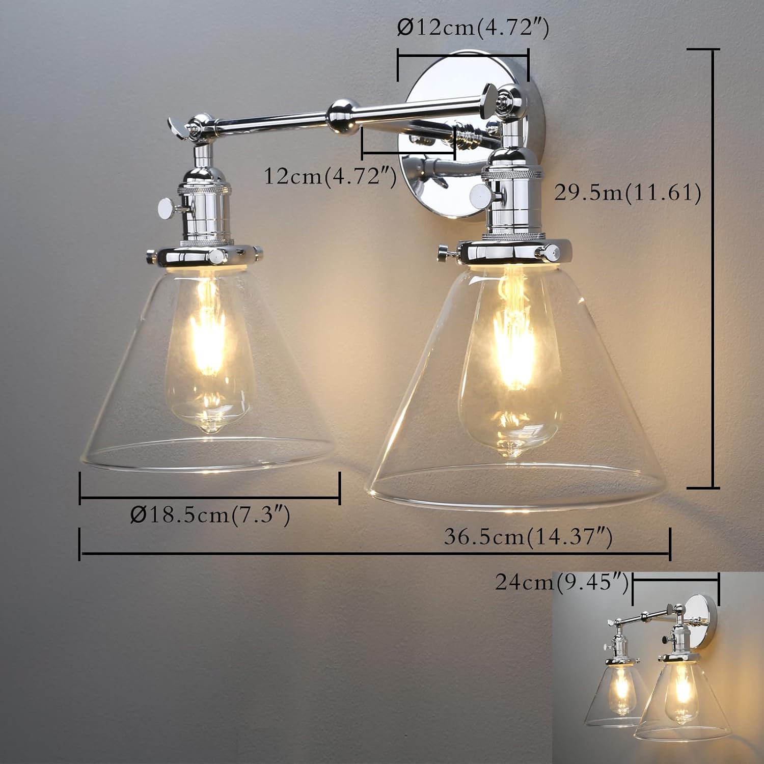 PERMO Double Sconce Chrome Industrial 2-Lights Wall Sconces with Funnel Flared Glass Clear Glass Shade Vanity Light for Bedroom (Chrome)