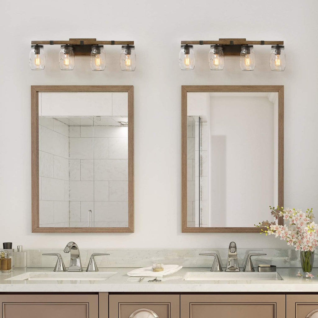 LNC Rustic Bathroom Light Fixtures Farmhouse Vanity Lighting with Mason Jar Glass, Wooden Finished, 29 inches, Brown, 4-Light , White