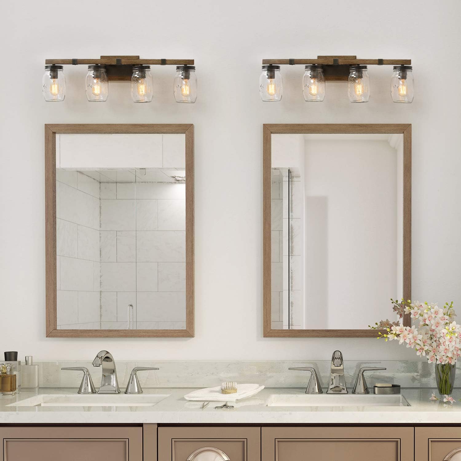 LNC Rustic Bathroom Light Fixtures Farmhouse Vanity Lighting with Mason Jar Glass, Wooden Finished, 29 inches, Brown, 4-Light , White