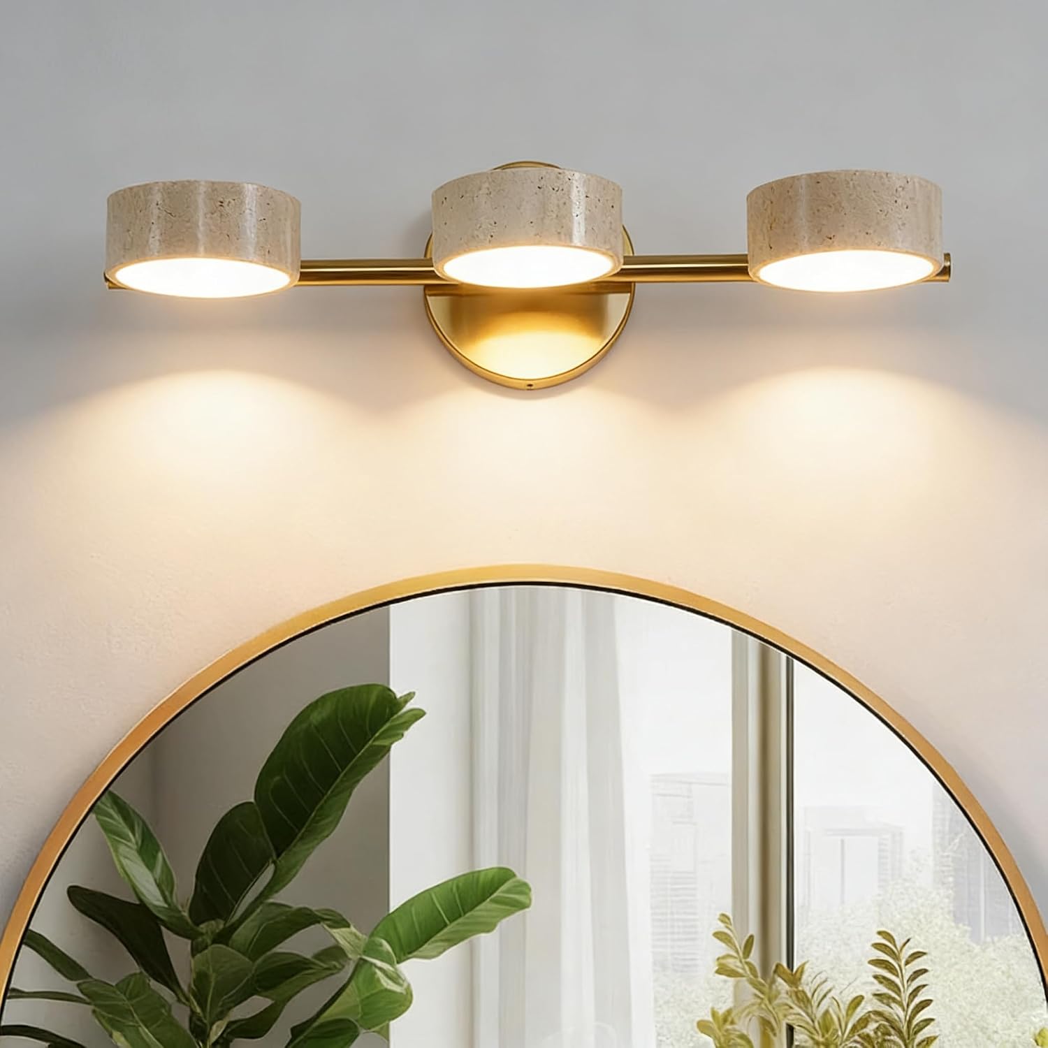 LED Mirror Light with 3 Travertine Stone Shades, Bathroom Vanity Wall Sconce, 360° Rotatable Stone Lampshades, Modern Rustic Wall Lamp for Bedroom, Living Room, Hallway (Gold-Metal)