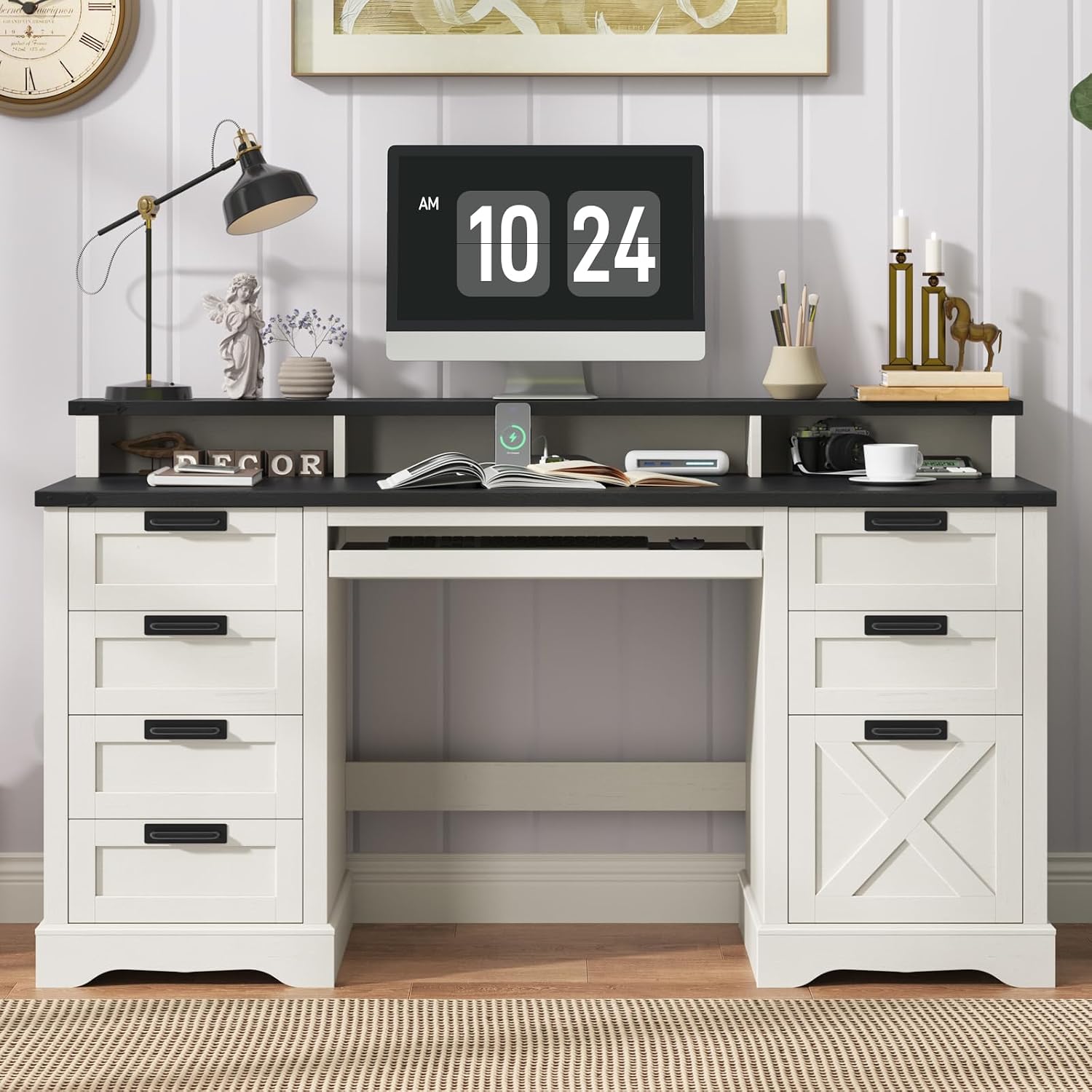 60' Farmhouse Executive Desk with 8 Drawers, Wood Computer Desk with Keyboard Tray and Charging Station, Home Office Desk Writing with File Drawer Fits A4 Size for Work and Study, White and Black