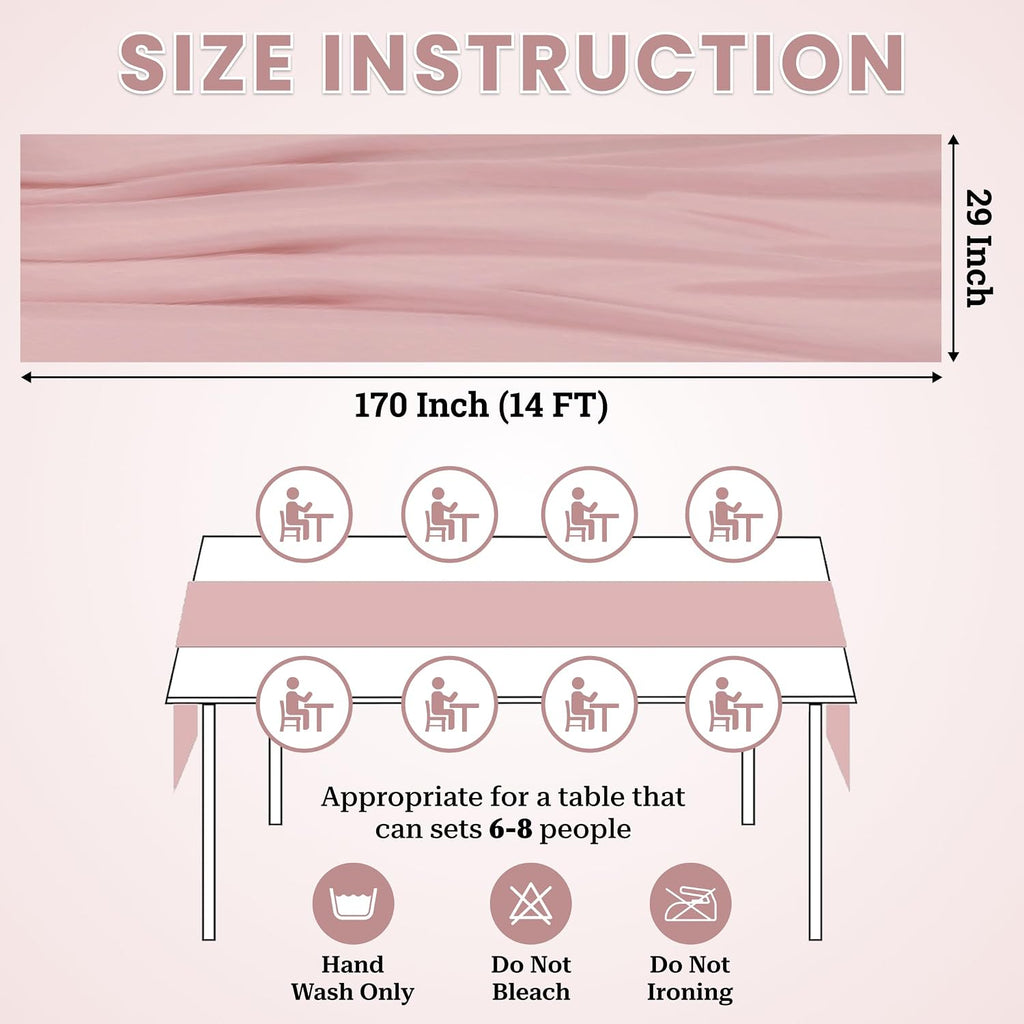 MDS Pack of 15 | Dusty Pink | 14ft Chiffon Table Runner 29x170 Inches Long Romantic Rustic Sheer Gauze Runner for Wedding Bridal Shower Birthday Banquets Engagement Spring Easter Boho Decorations