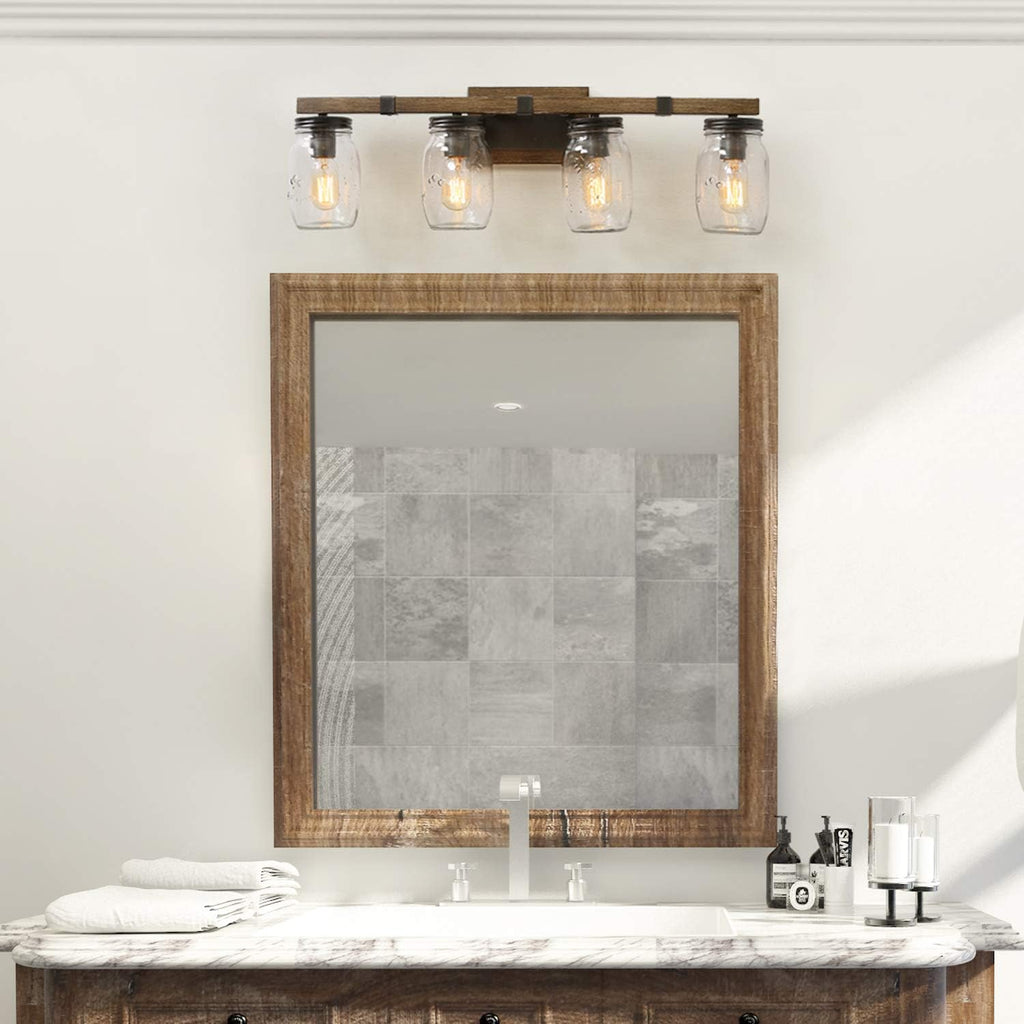 LNC Rustic Bathroom Light Fixtures Farmhouse Vanity Lighting with Mason Jar Glass, Wooden Finished, 29 inches, Brown, 4-Light , White