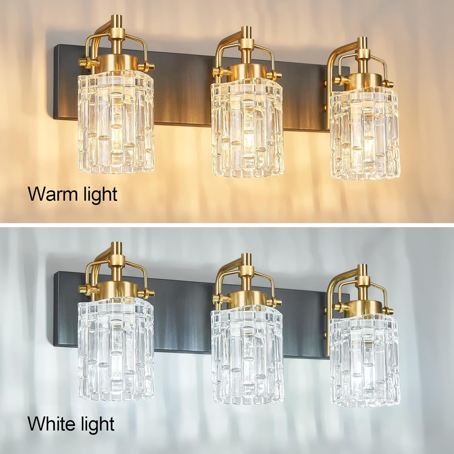 3 Light Crystal Glass Vanity Light, Black Gold Bathroom Lighting Fixtures Over Mirror Modern Bath Wall Sconce Lighting for Bedroom Living Room