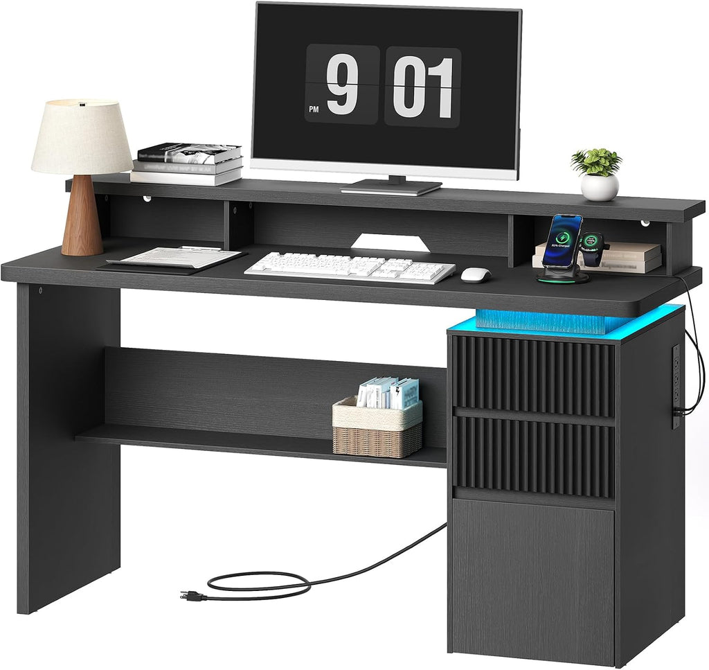 RALGEND 59' Executive Desk with Drawer, Fluted Computer Desk with File Drawer & Monitor Stand, Home Office Desk with Power Outlet, LED Light, Modern Fluted Computer Writing Desk with Storage, Black