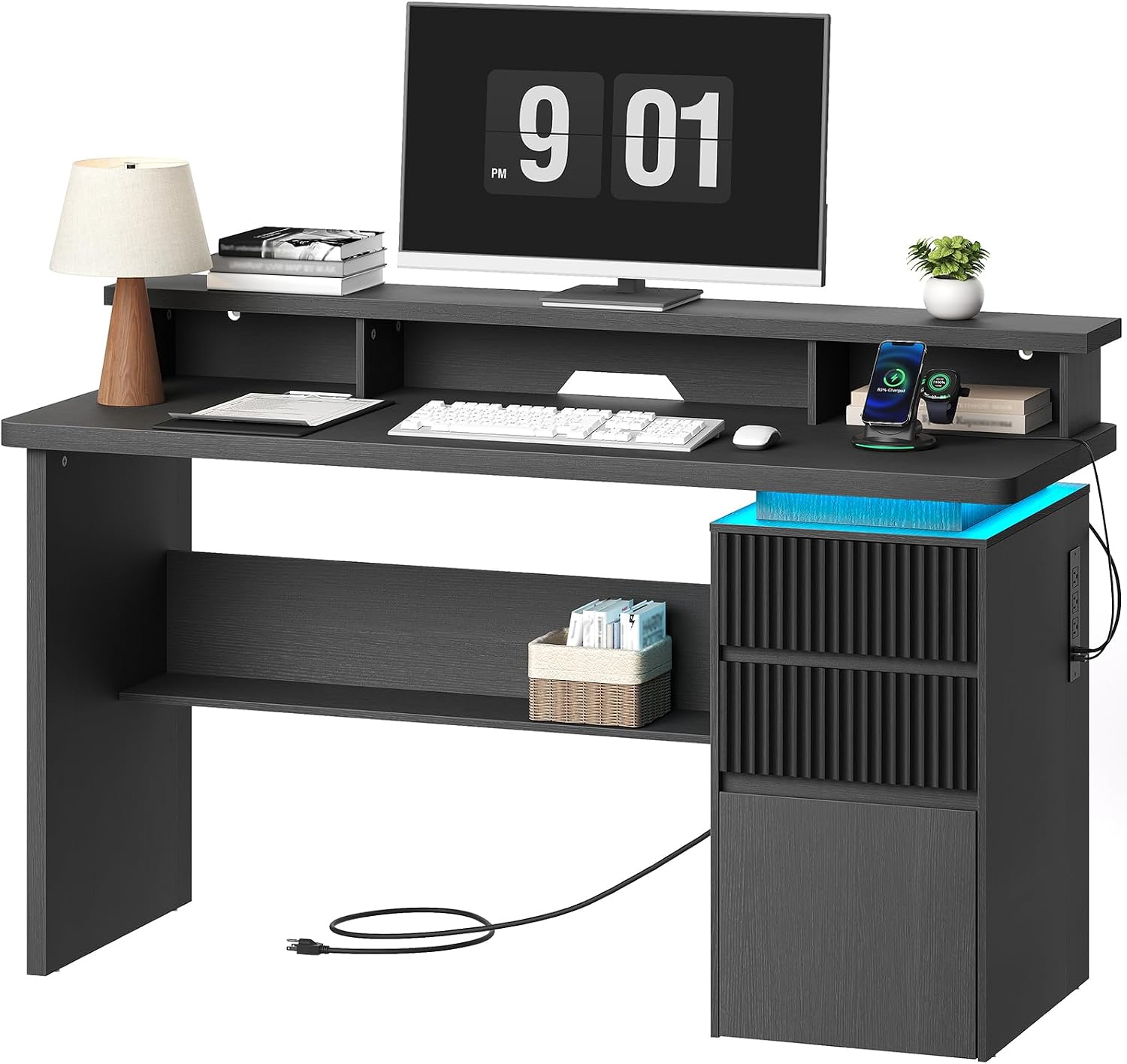RALGEND 59' Executive Desk with Drawer, Fluted Computer Desk with File Drawer & Monitor Stand, Home Office Desk with Power Outlet, LED Light, Modern Fluted Computer Writing Desk with Storage, Black