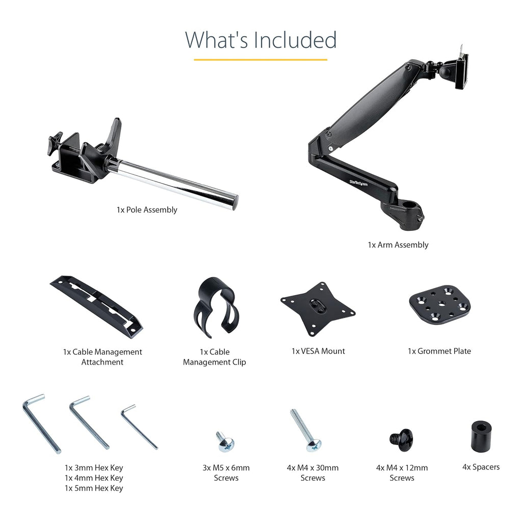 StarTech.com Desk Mount Monitor Arm for Single VESA Display up to 32' or 49' Ultrawide (17.6lb/8kg), Full Motion Articulating & Height Adjustable, Clamp or Grommet Base, Single Monitor Arm
