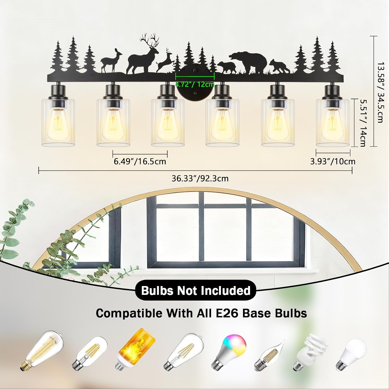 Rustic Bathroom Light Fixtures, 6-Light Farmhouse Vanity Lamp with Deer and Bear Design, Black Wall Lighting with Clear Glass Shade for Bathroom, Hallway, Kitchen, Porch
