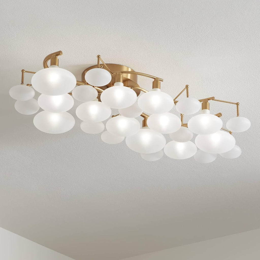 Possini Euro Design Lilypad Modern Ceiling Light Semi Flush-Mount Fixture 30 1/4' Wide Warm Brass Gold Frosted Opal Etched Glass Shade for Bedroom Kitchen Living Room Hallway Bathroom House Home