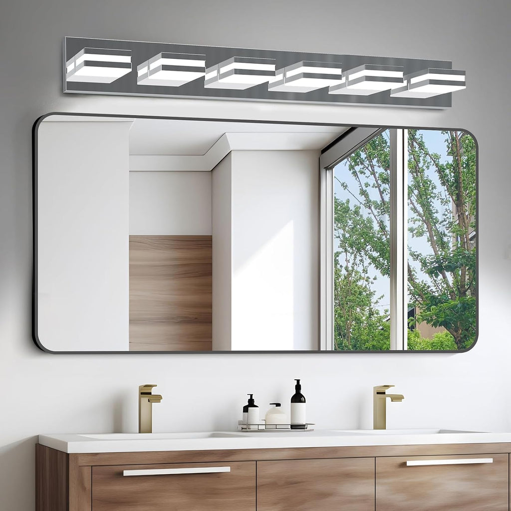 IZORRO LED Modern Bathroom Lights Fixtures(6-Light,Dimmable,360°Rotate),Chrome Acrylic Wall Lighting,Vanity Lights for Bathroom Over Mirror - 6000k 36In （No Assembly Required）