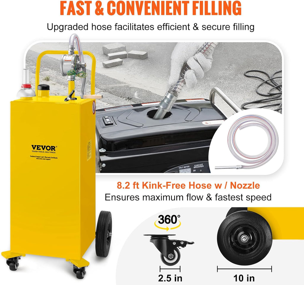 VEVOR Fuel Caddy, 35 Gallon, Gas Storage Tank on 4 Wheels, with Manual Transfer Pump, Gasoline Diesel Fuel Container for Cars, Lawn Mowers, ATVs, Boats, More, Yellow