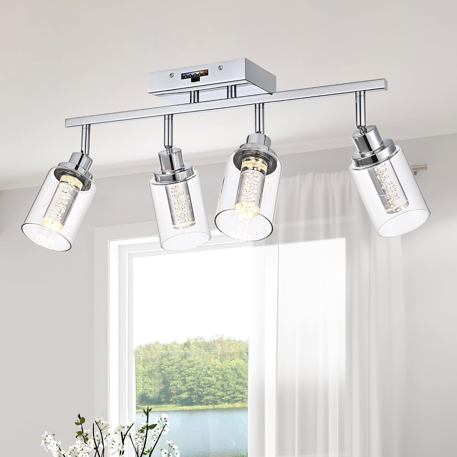 MELUCEE 5-Color Dimmbale Track Lighting Fixtures Ceiling 4-Light LED Track Lighting Kit Chrome Rotatable Spotlight Ceiling Mount Bathroom Wall Sconces, Kitchen Tracking Lights, Clear Glass Shade