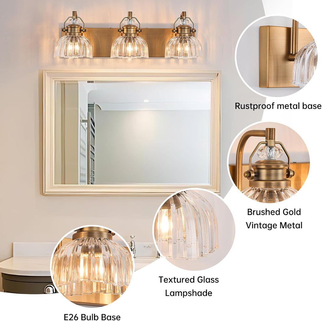 22.83 Inch Vintage 3-Light Vanity Light for Bathroom Brushed Brass Lighting Rustic Vanity Light for Mirror, Farmhouse Bathroom Lighting Fixture(Rust-Proof, Easy Install, Exclude Bulb)