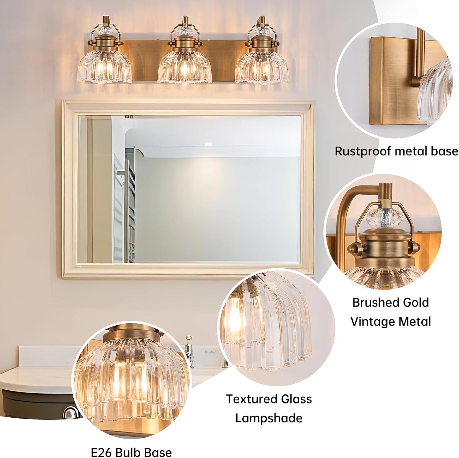 22.83 Inch Vintage 3-Light Vanity Light for Bathroom Brushed Brass Lighting Rustic Vanity Light for Mirror, Farmhouse Bathroom Lighting Fixture(Rust-Proof, Easy Install, Exclude Bulb)