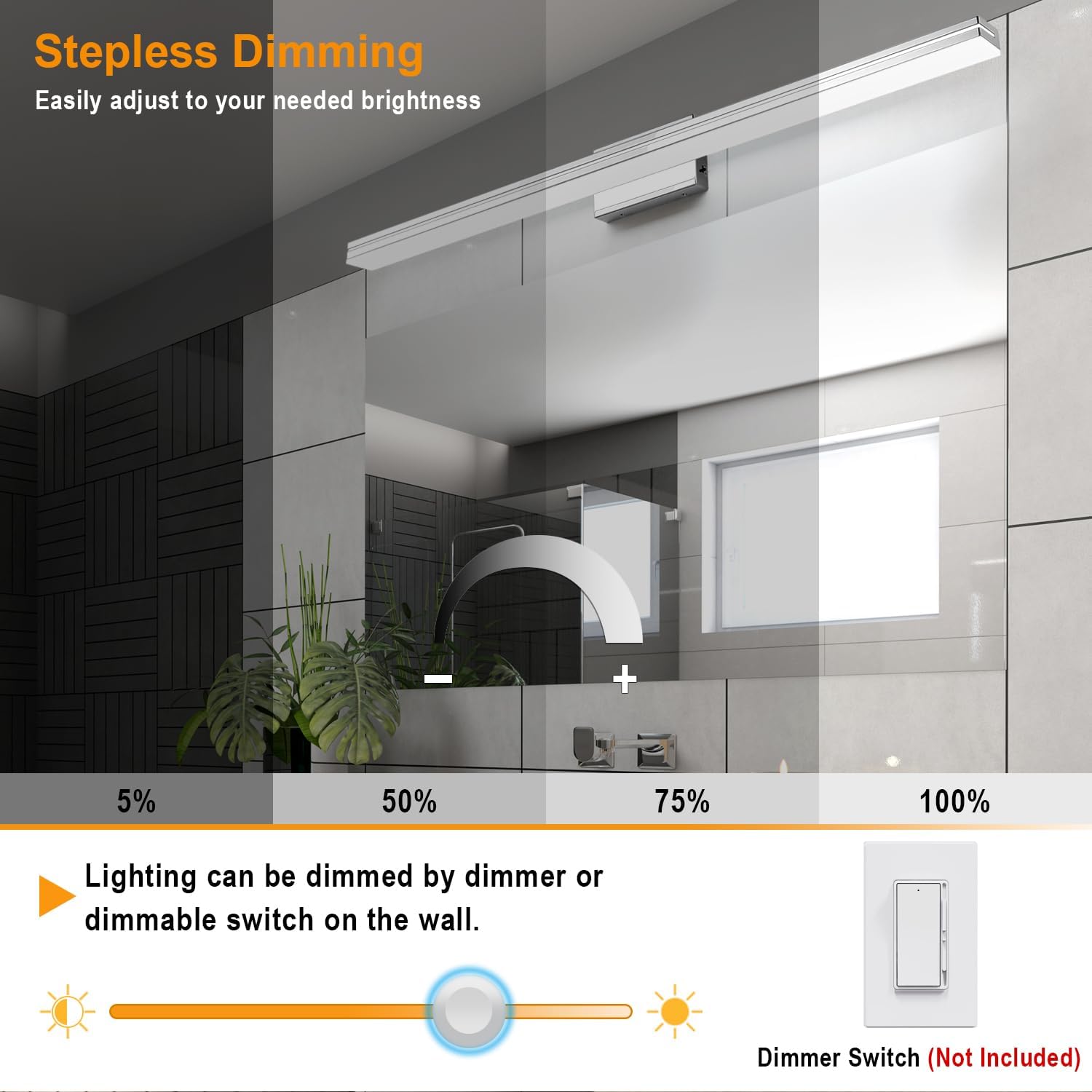 SineRise LED Modern Bathroom Vanity Light Bar (48-Inch, 3000K/4000K/6000K), Chrome Dimmable Modern Acrylic Bathroom Wall Lighting Fixtures Over Mirror