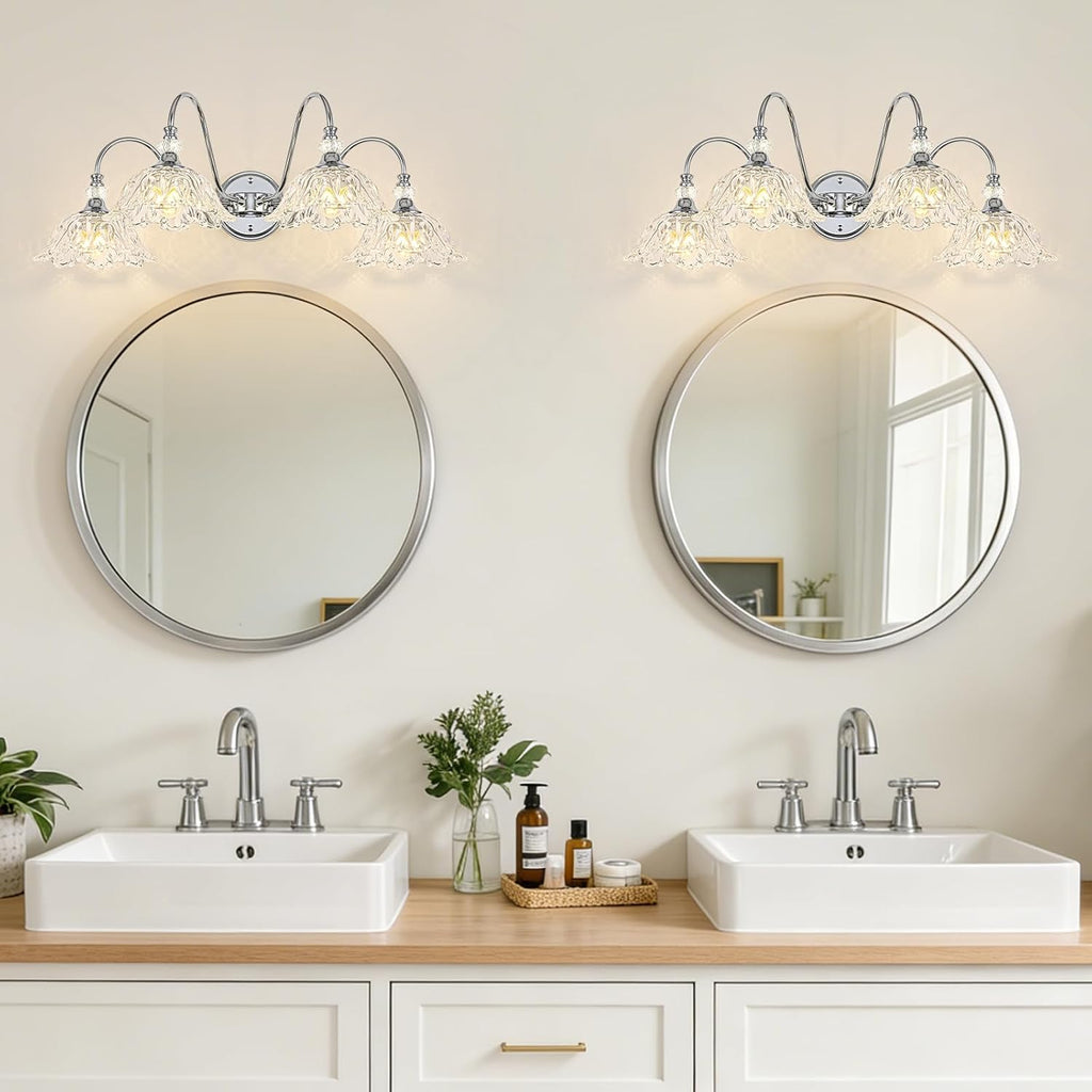Brushed Chrome 4-Light Bathroom Vanity Light with Floral Clear Glass Shades, Modern Wall Mount Lighting for Bathroom, Dressing Table