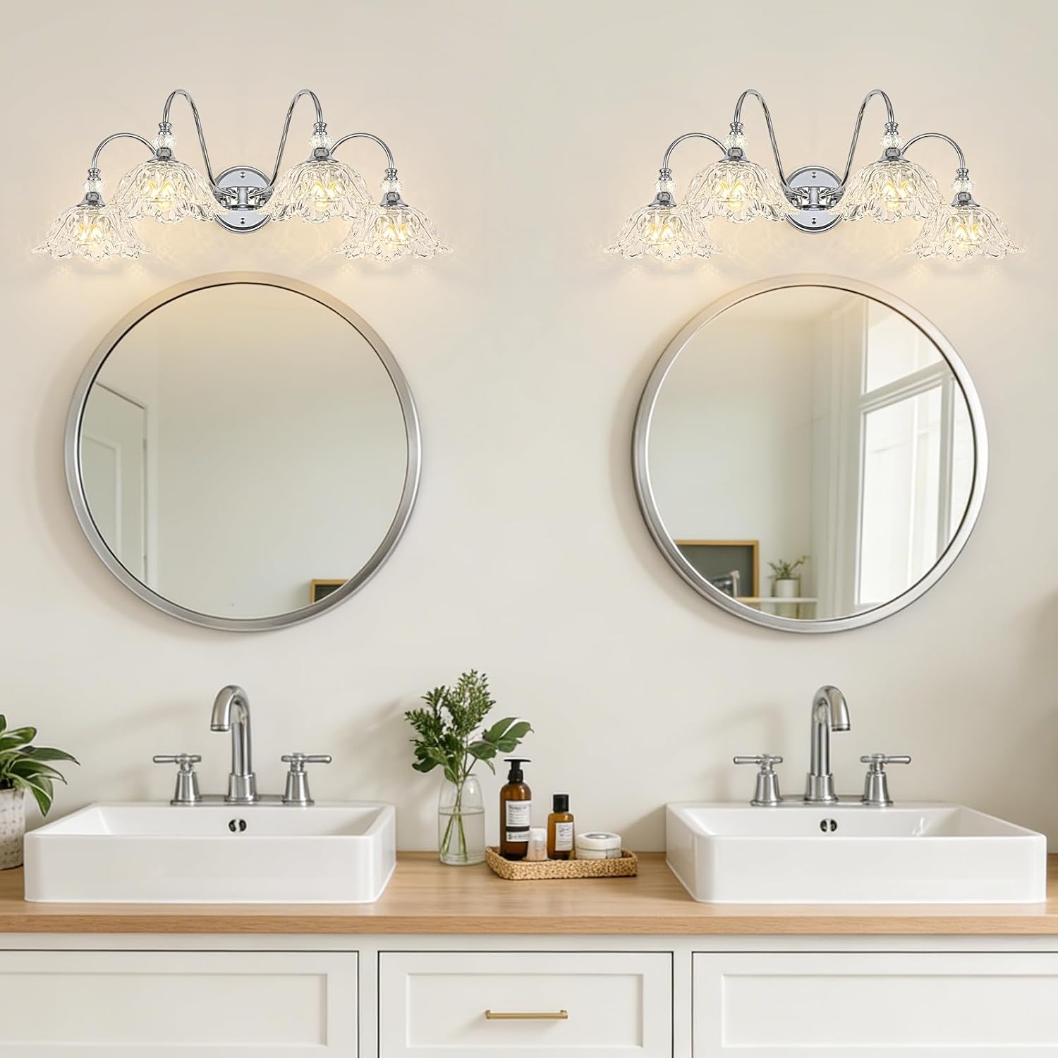 Brushed Chrome 4-Light Bathroom Vanity Light with Floral Clear Glass Shades, Modern Wall Mount Lighting for Bathroom, Dressing Table