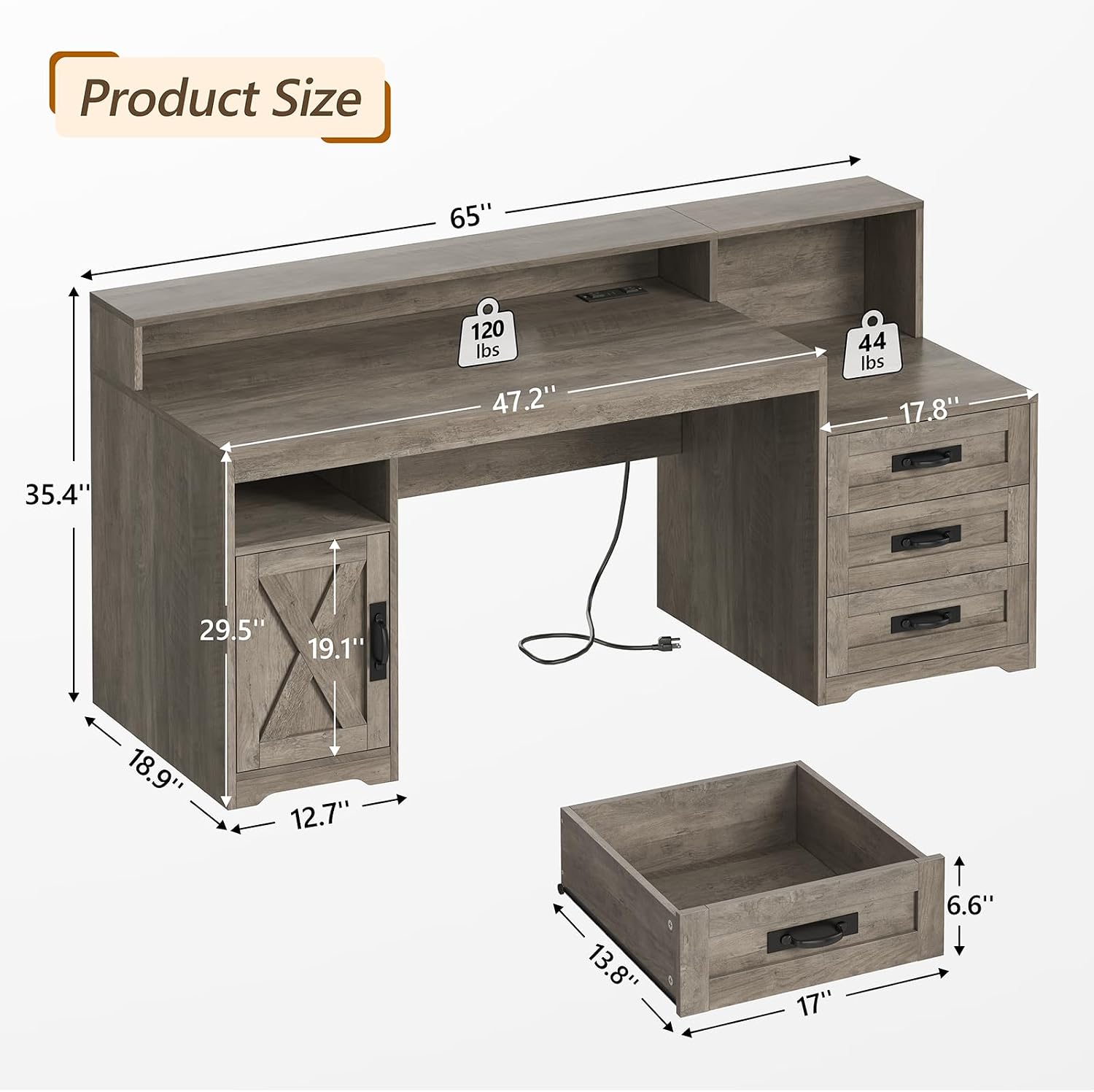TVU Farmhouse Computer Desk with Drawers, 65'' Home Office Desk with Power Outlets, Storage Cabinet and Printer Stand, Study Writing Desks with Long Monitor Stand, Grey