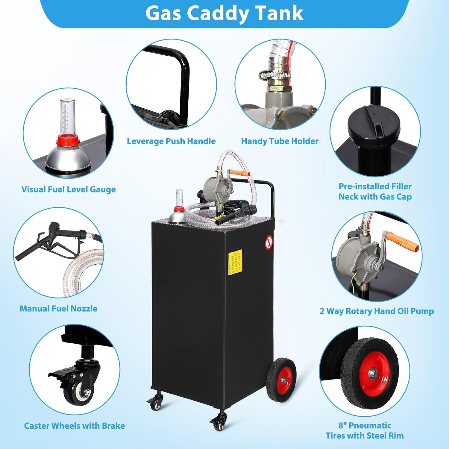 30 Gallon Fuel Caddy w/Manual Pump 4-Wheel Portable Gas & Diesel Storage Tank Heavy-Duty Steel with Hose for Lawn Mower, ATV, Boat, Farm