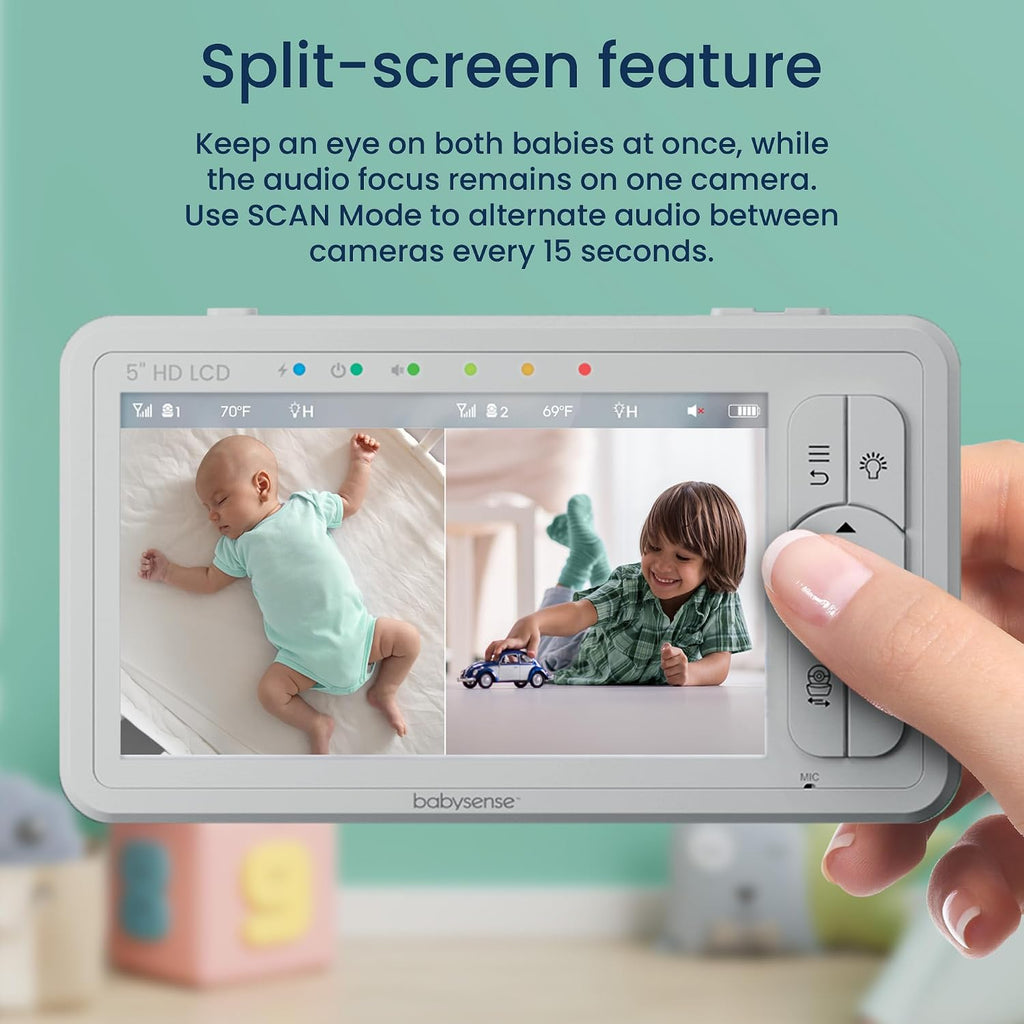Babysense 3 in 1 Video Baby Monitor with 2 HD Cameras & 5' HD Display Bundled with 2 Smart Baby White Noise Sound and Light Machines for Multiple-Children Monitoring
