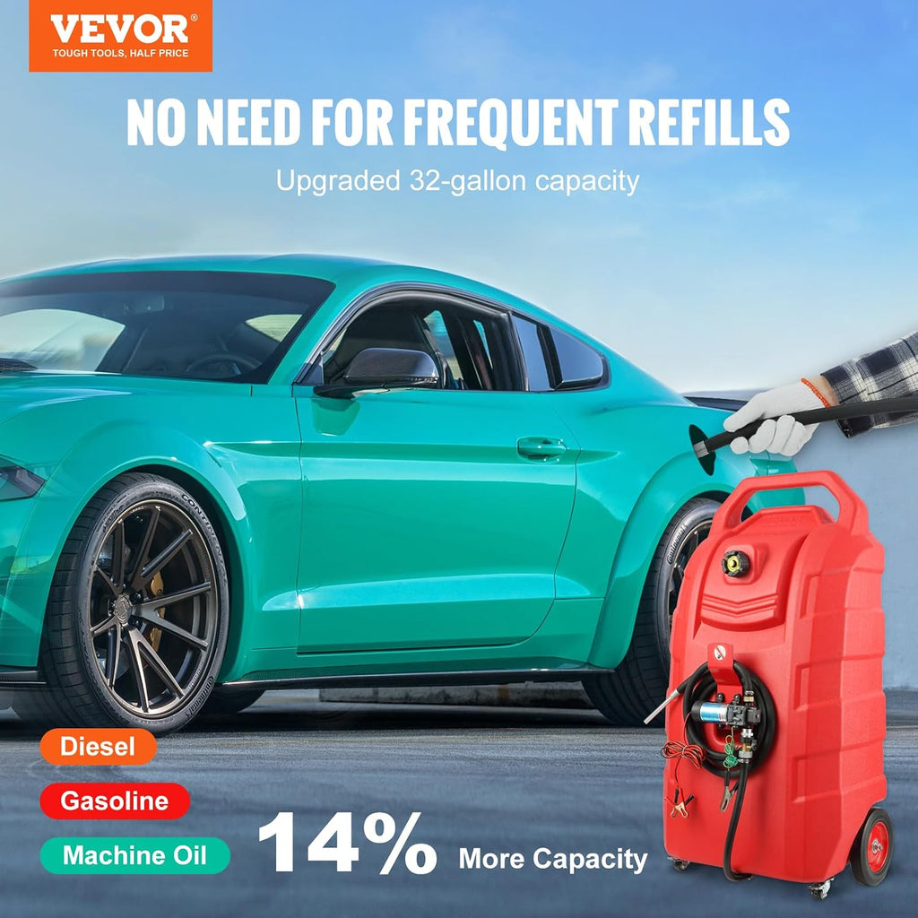VEVOR Fuel Caddy, 32 Gallon, Fuel Transfer Caddy Tank On-Wheels, with 12V DC Transfer Pump, Gasoline Diesel Fuel Caddy with 8.2 ft Hose, Flow Rate 7L/min, for Trucks, Boats, Lawn Mowers